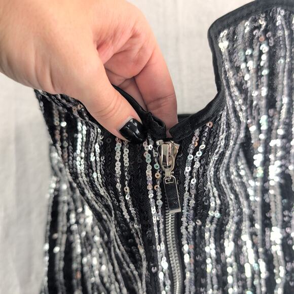 Glitter Sequin Bustier Lace Up Corset Zip Front Silver Black Women's Small - Picture 2 of 8